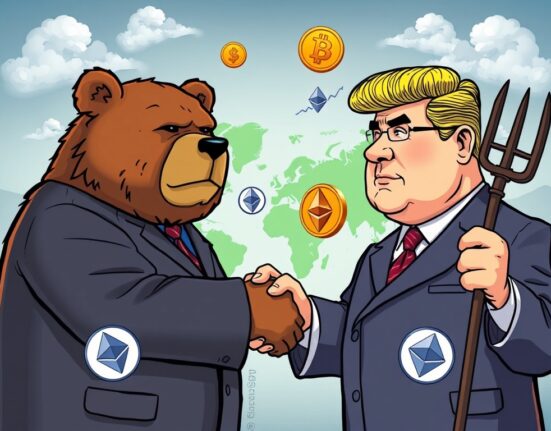 Cartoon illustration of leaders discussing peace, highlighting the potential Geopolitical Stability Crypto Impact on global markets.