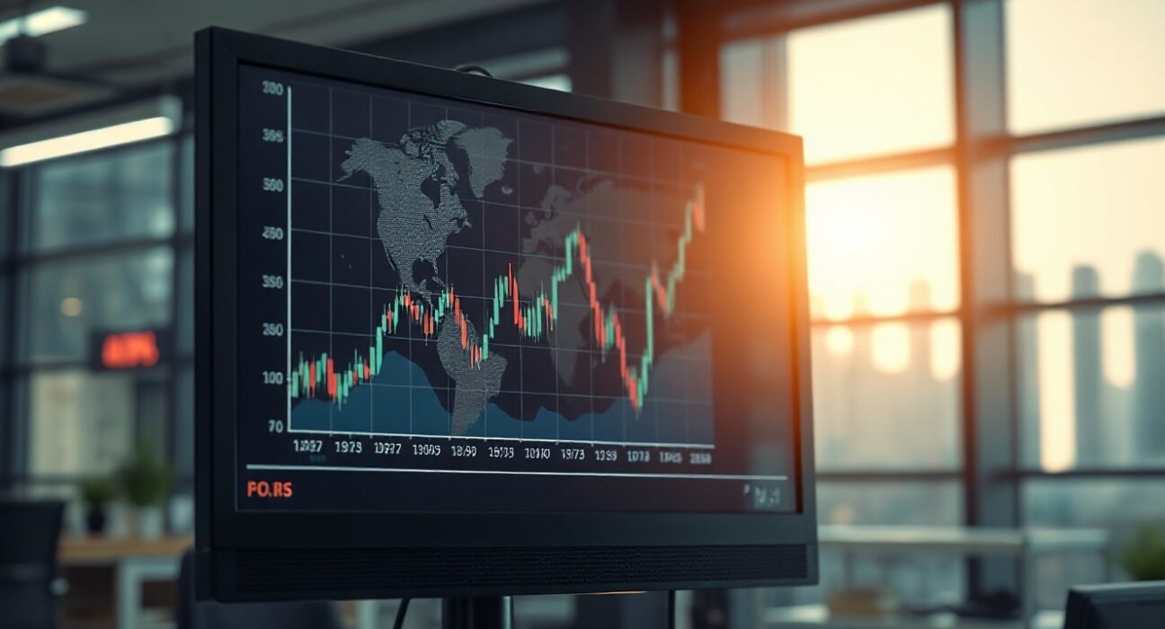 Stock market chart on a screen showing an upward trend, with a world map in the background, symbolizing global market reactions to easing geopolitical tensions.