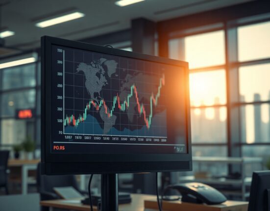 Stock market chart on a screen showing an upward trend, with a world map in the background, symbolizing global market reactions to easing geopolitical tensions.