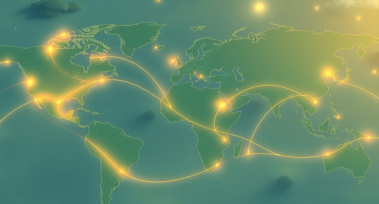 Geopolitics world economy realignment visualized through shifting trade and energy flows on a symbolic map.