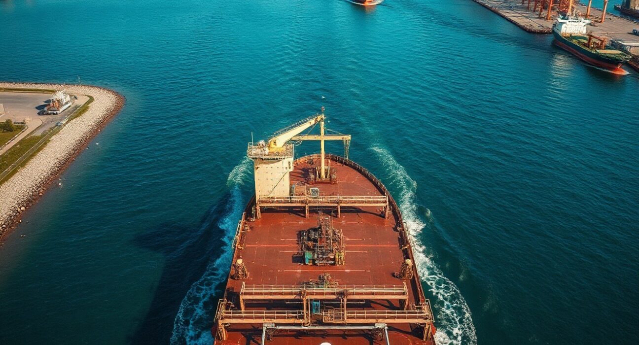 Oil tanker navigating a narrow strait, representing geopolitical risk to supply routes.