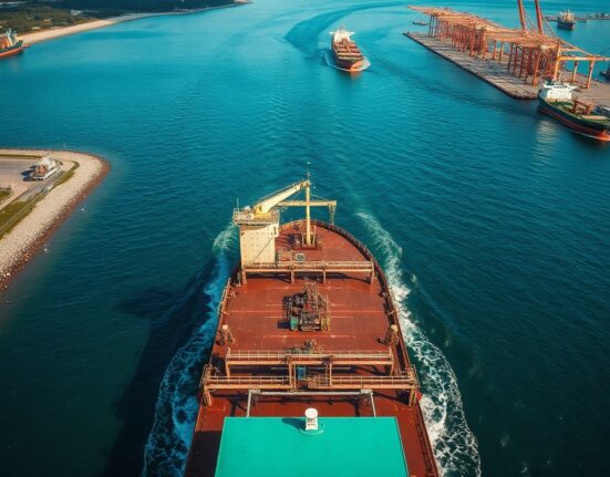 Oil tanker navigating a narrow strait, representing geopolitical risk to supply routes.
