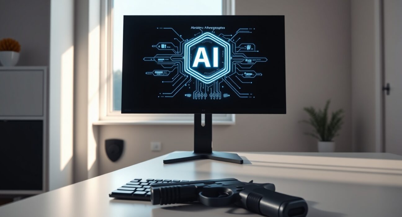 A handgun next to a computer monitor displaying an AI interface in a modern home office.