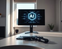 A handgun next to a computer monitor displaying an AI interface in a modern home office.