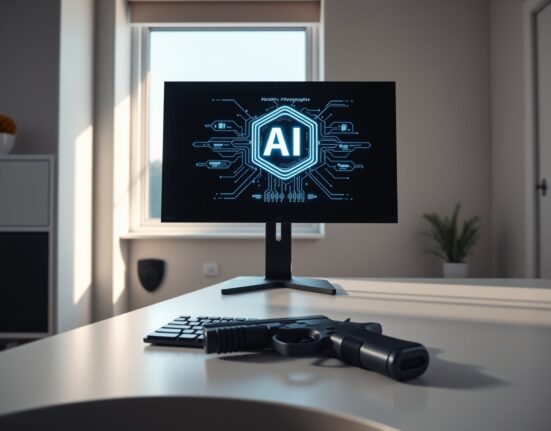 A handgun next to a computer monitor displaying an AI interface in a modern home office.