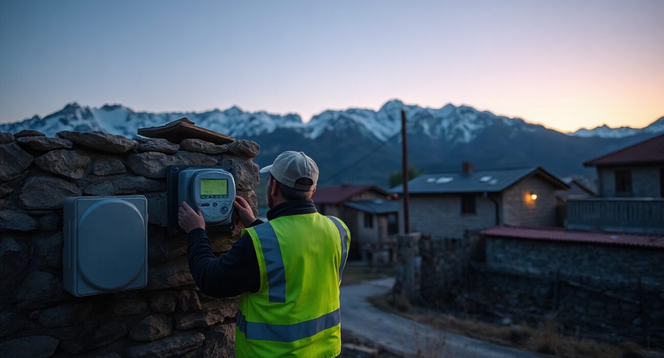 Technician installing a digital electricity meter in a rural Georgian village to combat illegal crypto mining.
