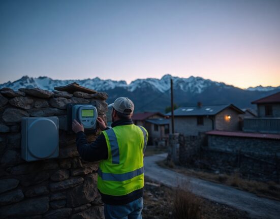 Technician installing a digital electricity meter in a rural Georgian village to combat illegal crypto mining.
