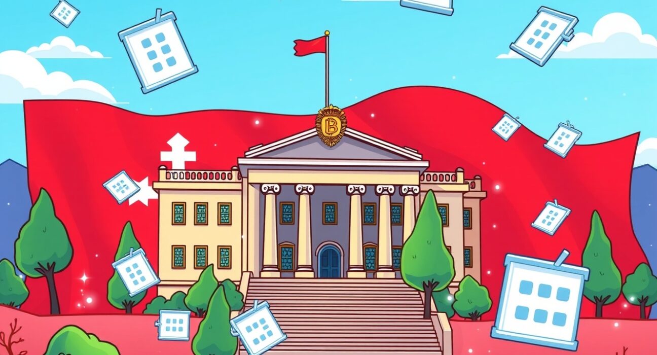 Cartoon illustration of Georgia's revolutionary Hedera real estate blockchain integration showing digital property deeds.