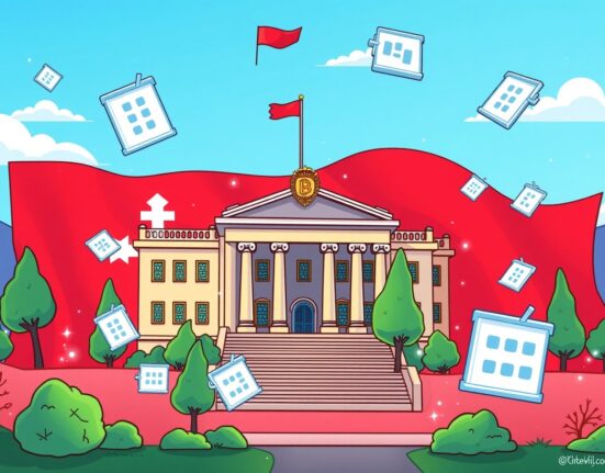 Cartoon illustration of Georgia's revolutionary Hedera real estate blockchain integration showing digital property deeds.