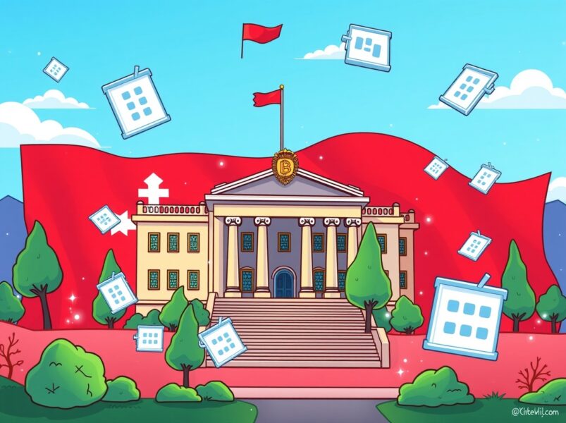 Cartoon illustration of Georgia's revolutionary Hedera real estate blockchain integration showing digital property deeds.