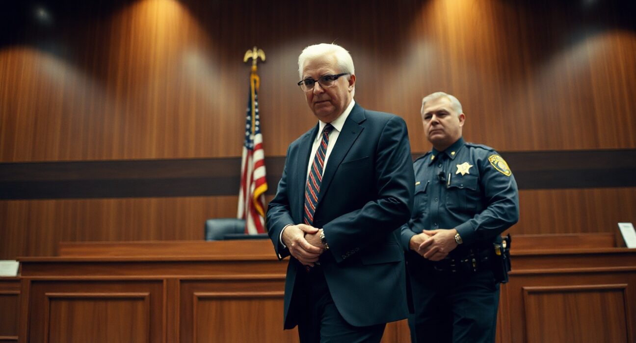 Courtroom scene with a man in handcuffs escorted by a U.S. Marshal, symbolizing federal charges in a crypto fraud case.