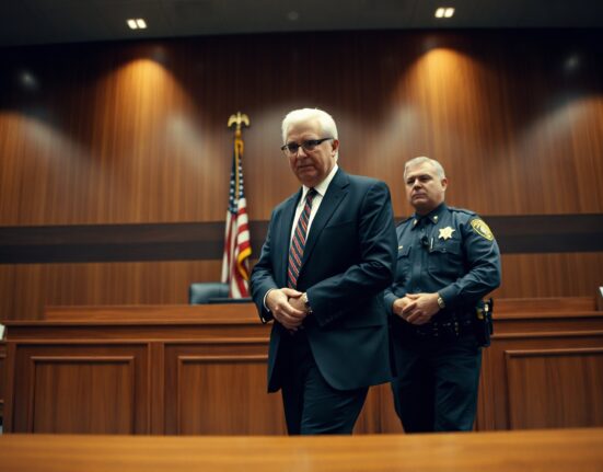 Courtroom scene with a man in handcuffs escorted by a U.S. Marshal, symbolizing federal charges in a crypto fraud case.