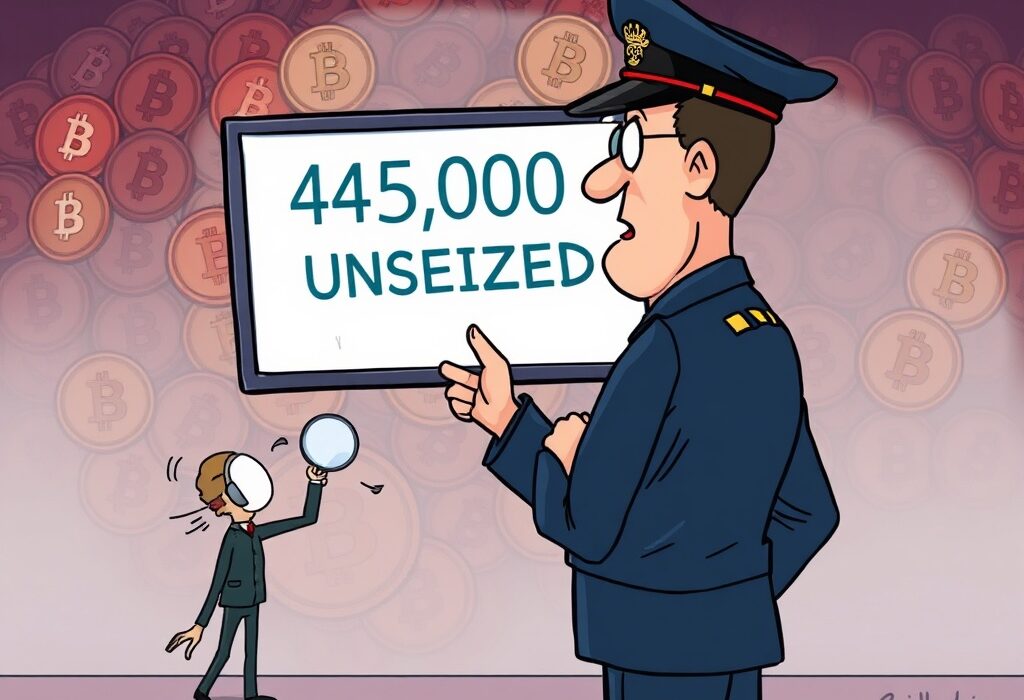 Cartoon showing an analyst revealing a massive German Bitcoin seizure oversight to a surprised official.