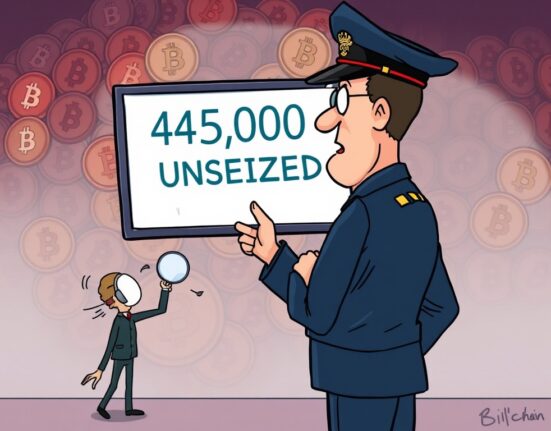 Cartoon showing an analyst revealing a massive German Bitcoin seizure oversight to a surprised official.
