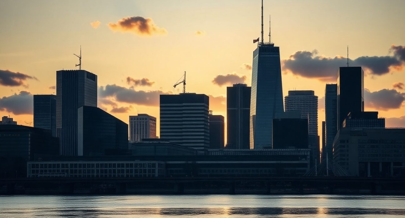 Frankfurt skyline with European Central Bank headquarters at dusk, symbolizing German bond market stability.