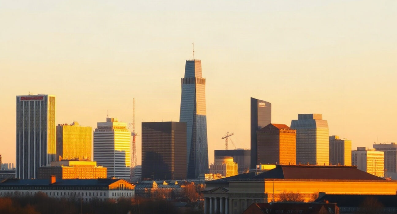 Frankfurt skyline with Commerzbank Tower at dawn, symbolizing brightening business climate