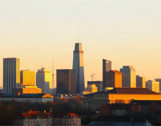 Frankfurt skyline with Commerzbank Tower at dawn, symbolizing brightening business climate