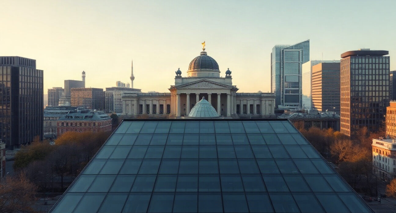 Berlin skyline with financial district buildings under a clear sky, symbolizing German economic outlook.