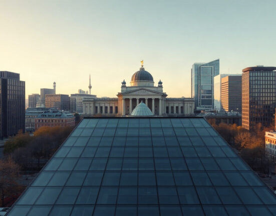 Berlin skyline with financial district buildings under a clear sky, symbolizing German economic outlook.