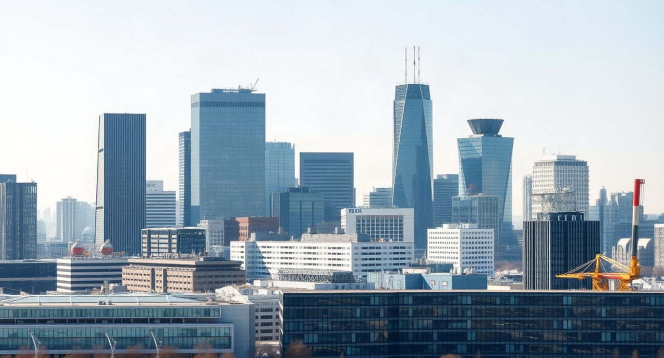 German city skyline with commercial buildings under clear sky, representing business climate