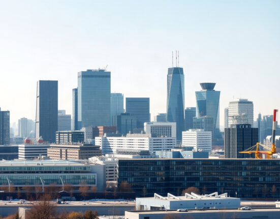 German city skyline with commercial buildings under clear sky, representing business climate