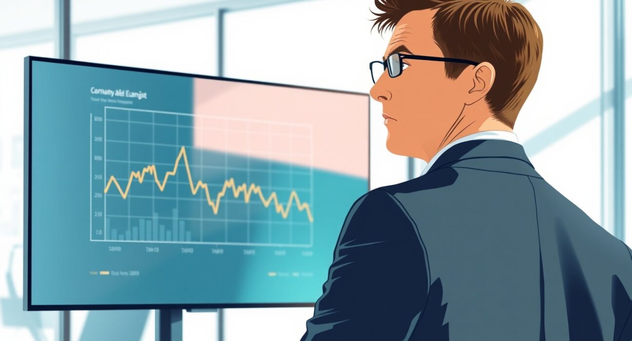 Analyst reviews declining German Composite PMI data chart in Frankfurt office.