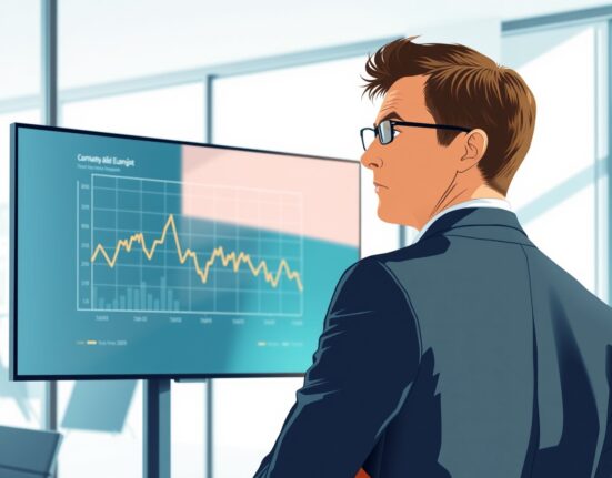 Analyst reviews declining German Composite PMI data chart in Frankfurt office.