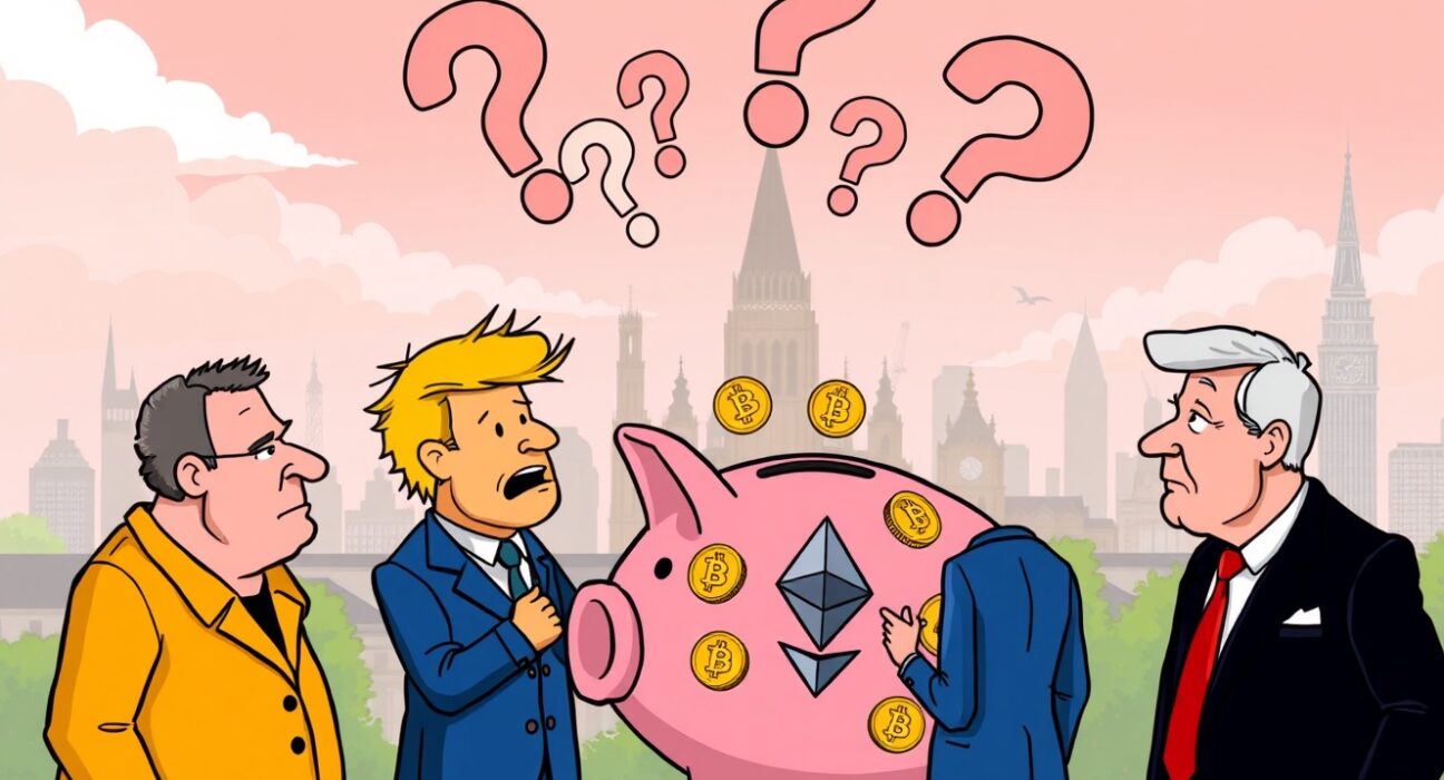 German political debate about crypto tax exemption with cryptocurrency symbols