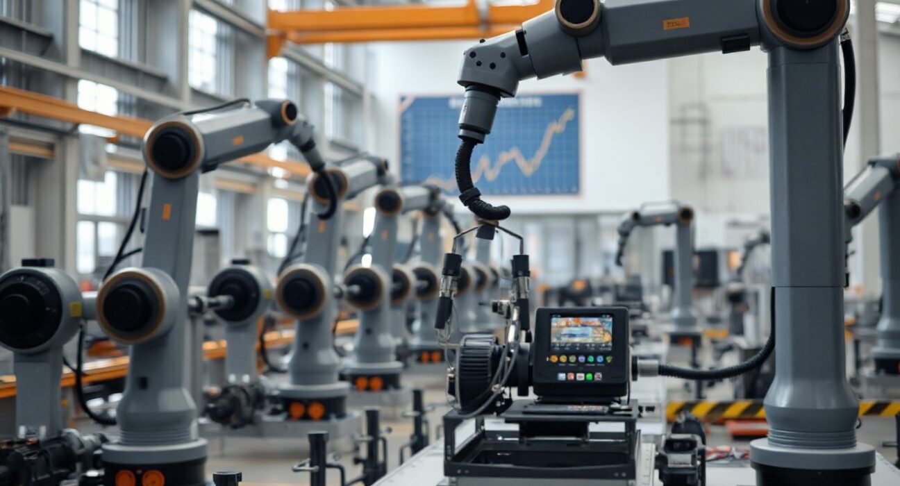 Robotic arms on a German factory floor assembling machinery, representing the rise in factory orders.