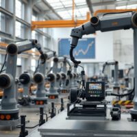 Robotic arms on a German factory floor assembling machinery, representing the rise in factory orders.