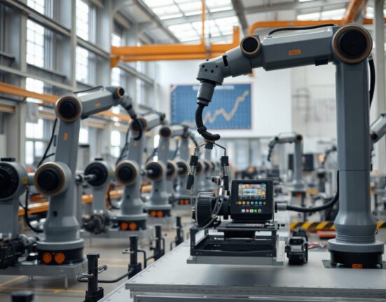 Robotic arms on a German factory floor assembling machinery, representing the rise in factory orders.