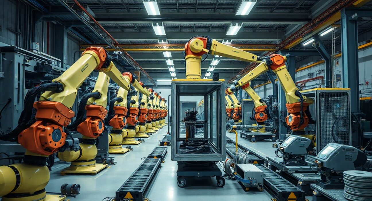 Modern automated machinery inside a German factory, representing the June factory orders surge.