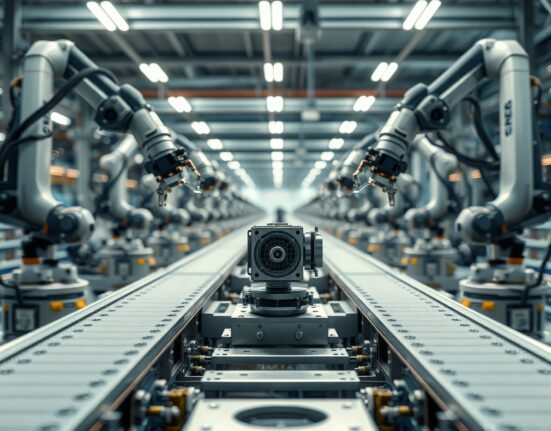 Modern German factory floor with automated machinery in operation
