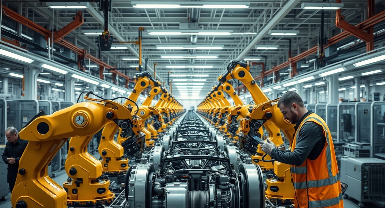 High-tech German factory floor with robotic assembly line and workers in safety gear.