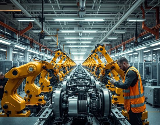 High-tech German factory floor with robotic assembly line and workers in safety gear.