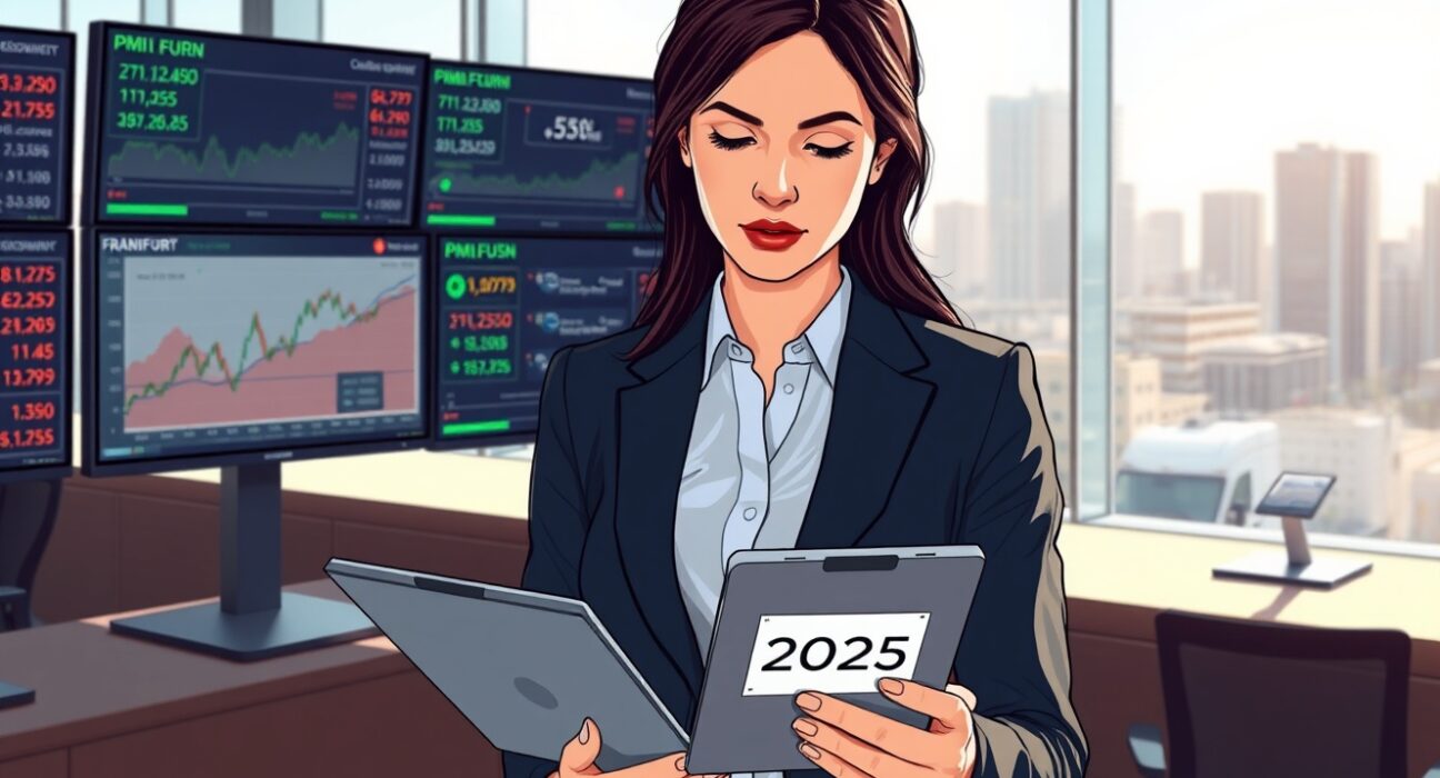 Financial analyst examines German flash PMI data and EUR/USD rates for April 2025 forecasting