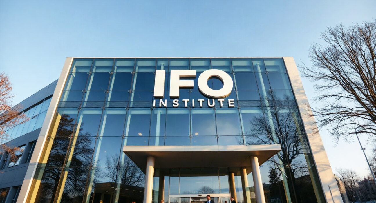 IFO Institute building in Munich on a clear day, symbolizing German economic data.
