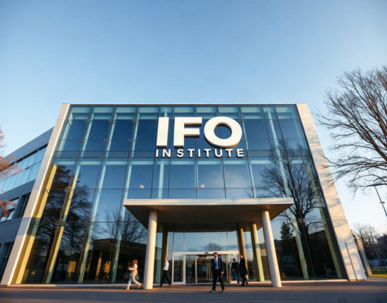IFO Institute building in Munich on a clear day, symbolizing German economic data.