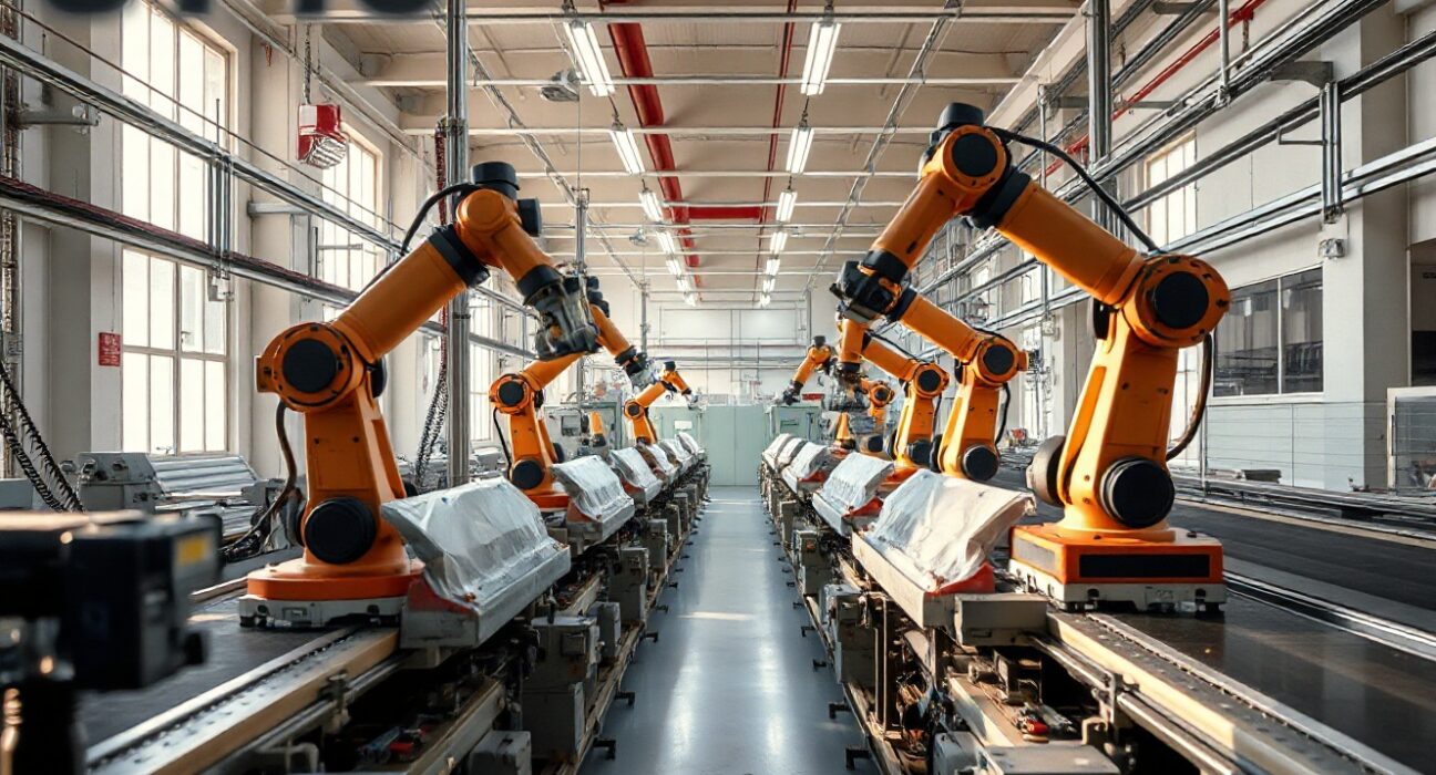 Inside a modern German factory with automated machinery, representing industrial production data for June.