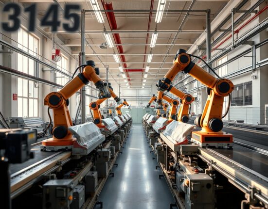 Inside a modern German factory with automated machinery, representing industrial production data for June.