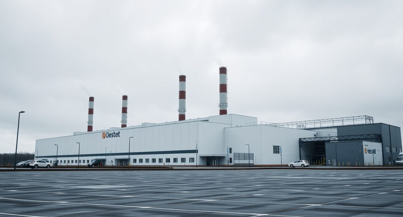 Exterior view of a German industrial factory under overcast skies, representing a decline in production.