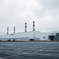 Exterior view of a German industrial factory under overcast skies, representing a decline in production.