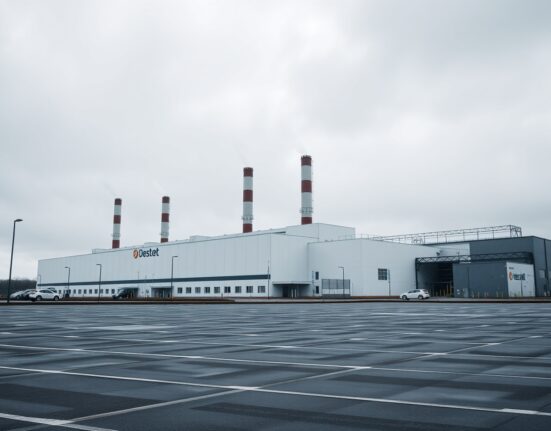 Exterior view of a German industrial factory under overcast skies, representing a decline in production.