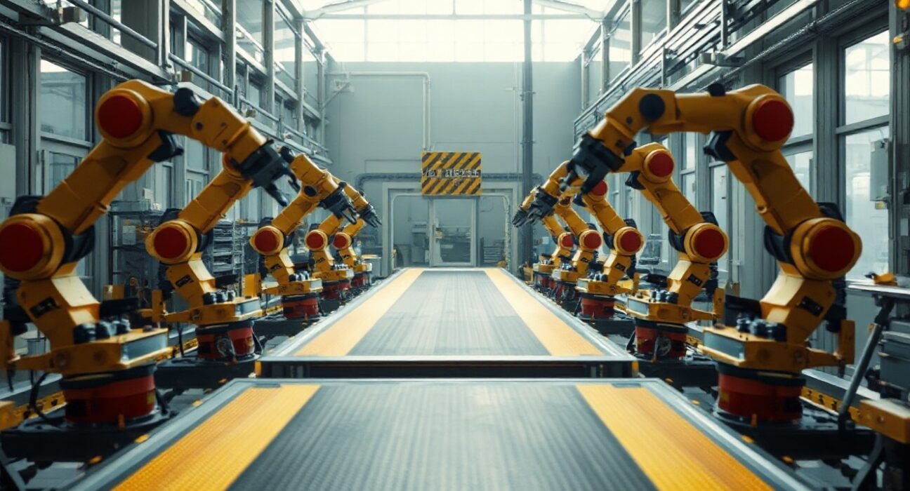 German factory production line with robotic arms in operation