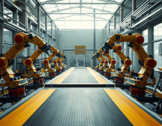 German factory production line with robotic arms in operation