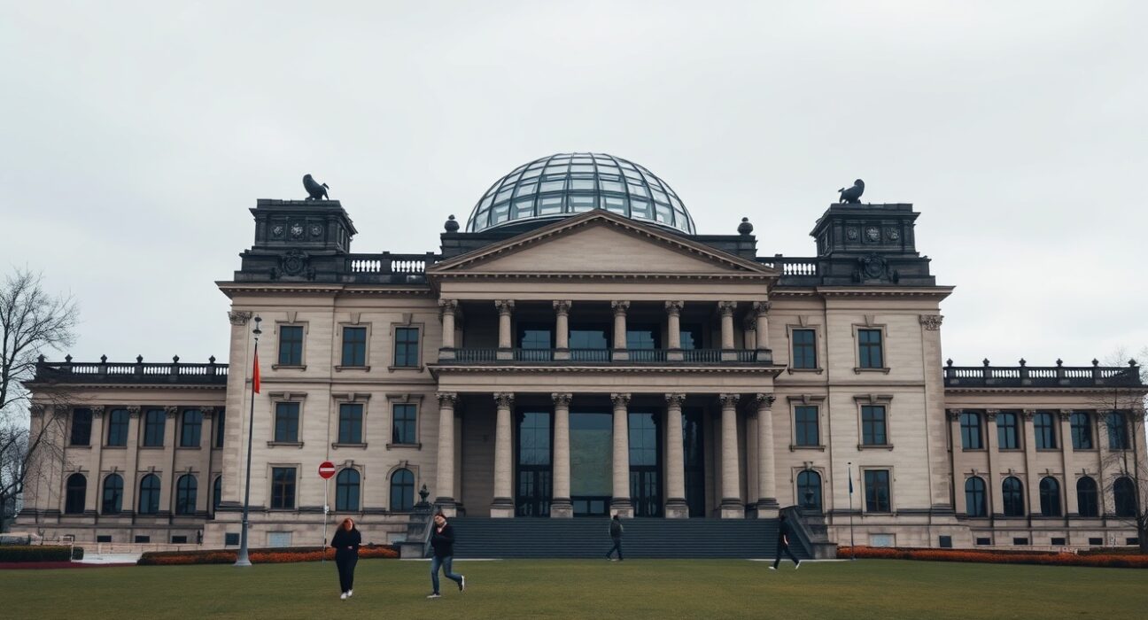 Exterior view of the German Bundestag (Reichstag) building in Berlin on a cloudy day, representing parliamentary decision-making on crypto tax policy.