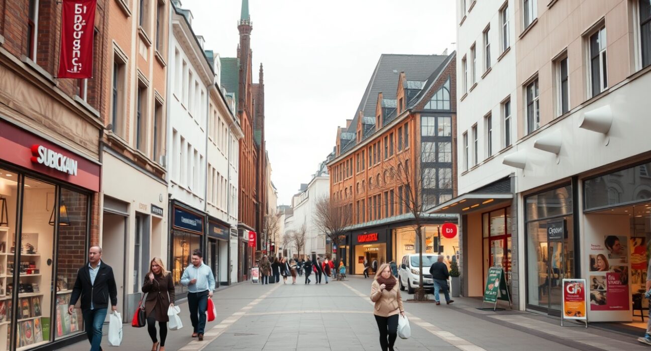 Quiet shopping street in Germany with few pedestrians on a cloudy spring afternoon