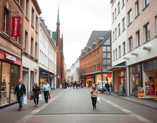 Quiet shopping street in Germany with few pedestrians on a cloudy spring afternoon