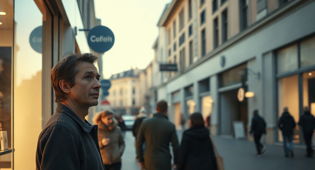 Shopper looking at a storefront in a German city street, reflecting cautious consumer sentiment.