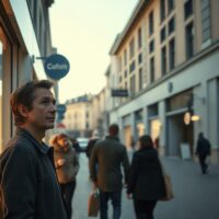 Shopper looking at a storefront in a German city street, reflecting cautious consumer sentiment.
